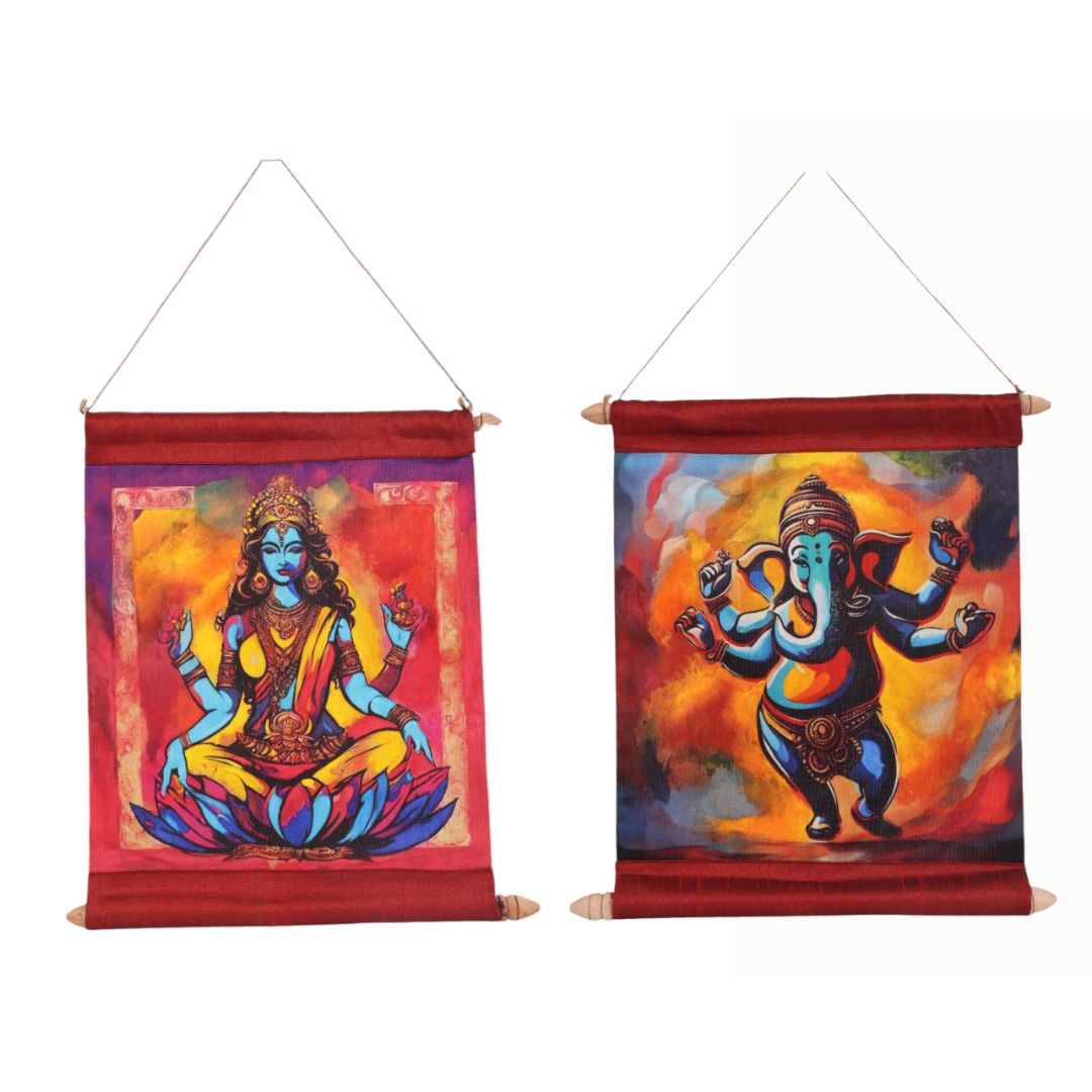 Indha Divine Blessings Mixed Media Art Scroll set of two on Silk – Handcrafted Print of Goddess Laxmi and Lord Ganesh, a Sacred Artwork for Prosperity, Spiritual Blessings, and Elegant Home Decor.