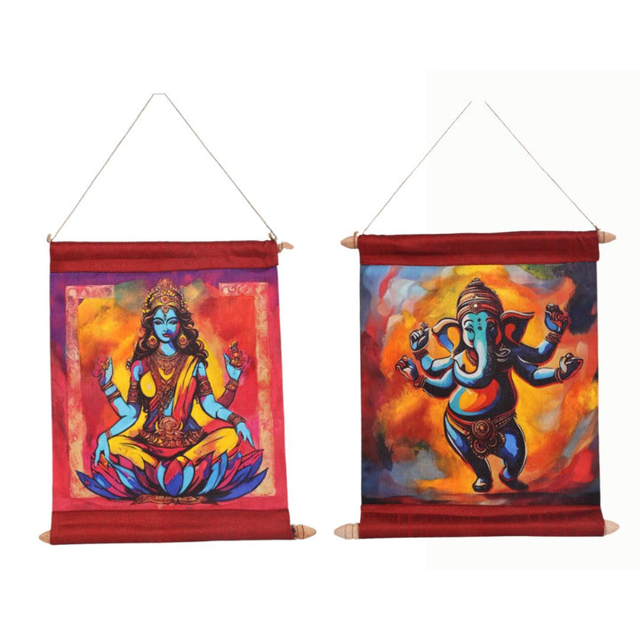 Indha Divine Blessings Mixed Media Art Scroll set of two on Silk – Handcrafted Print of Goddess Laxmi and Lord Ganesh, a Sacred Artwork for Prosperity, Spiritual Blessings, and Elegant Home Decor.