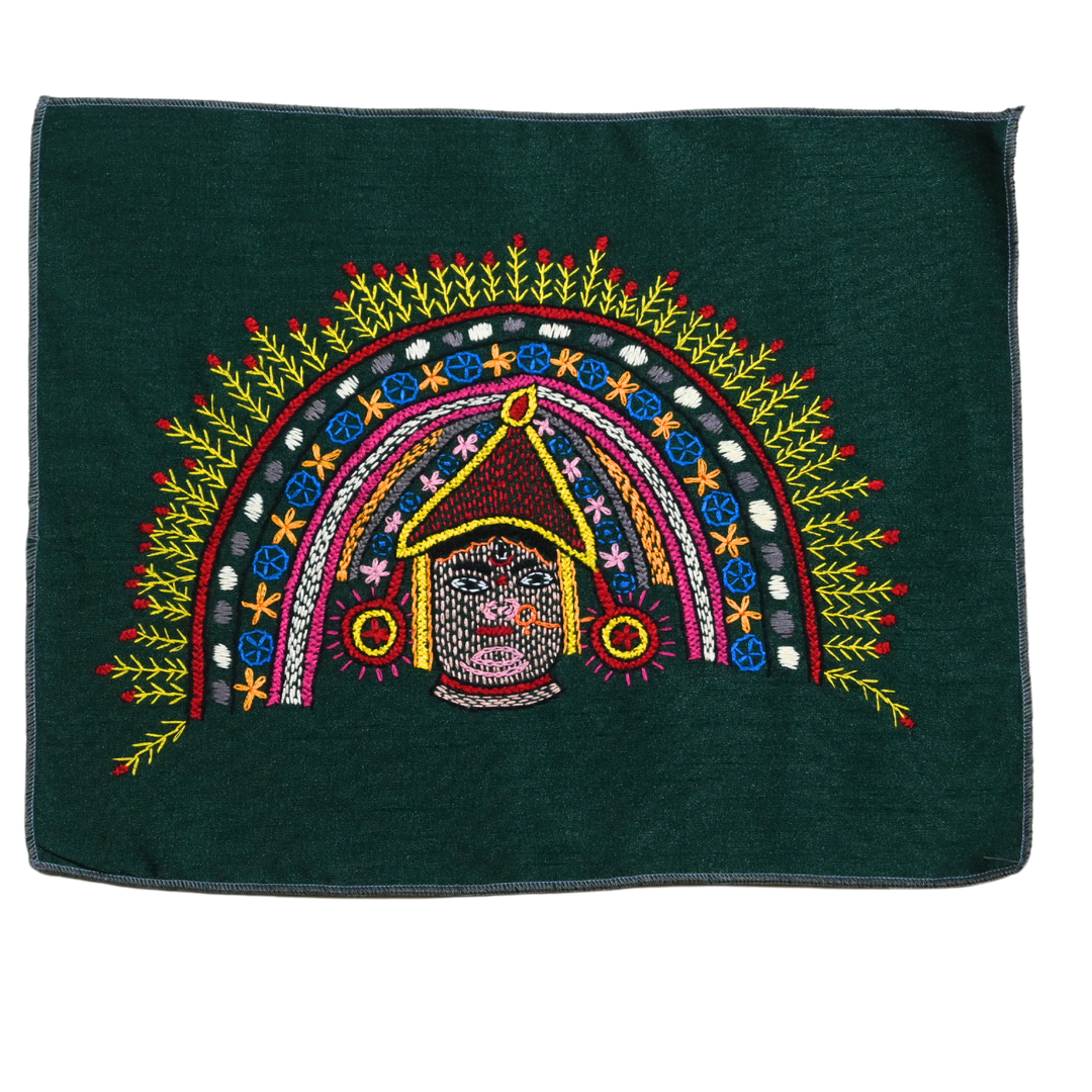 Chhau Karthik Hand Embroidery Panel – Eastern Indian Dance Motif on Dupion Silk | Cultural Wall Decor | Artisan Gift
