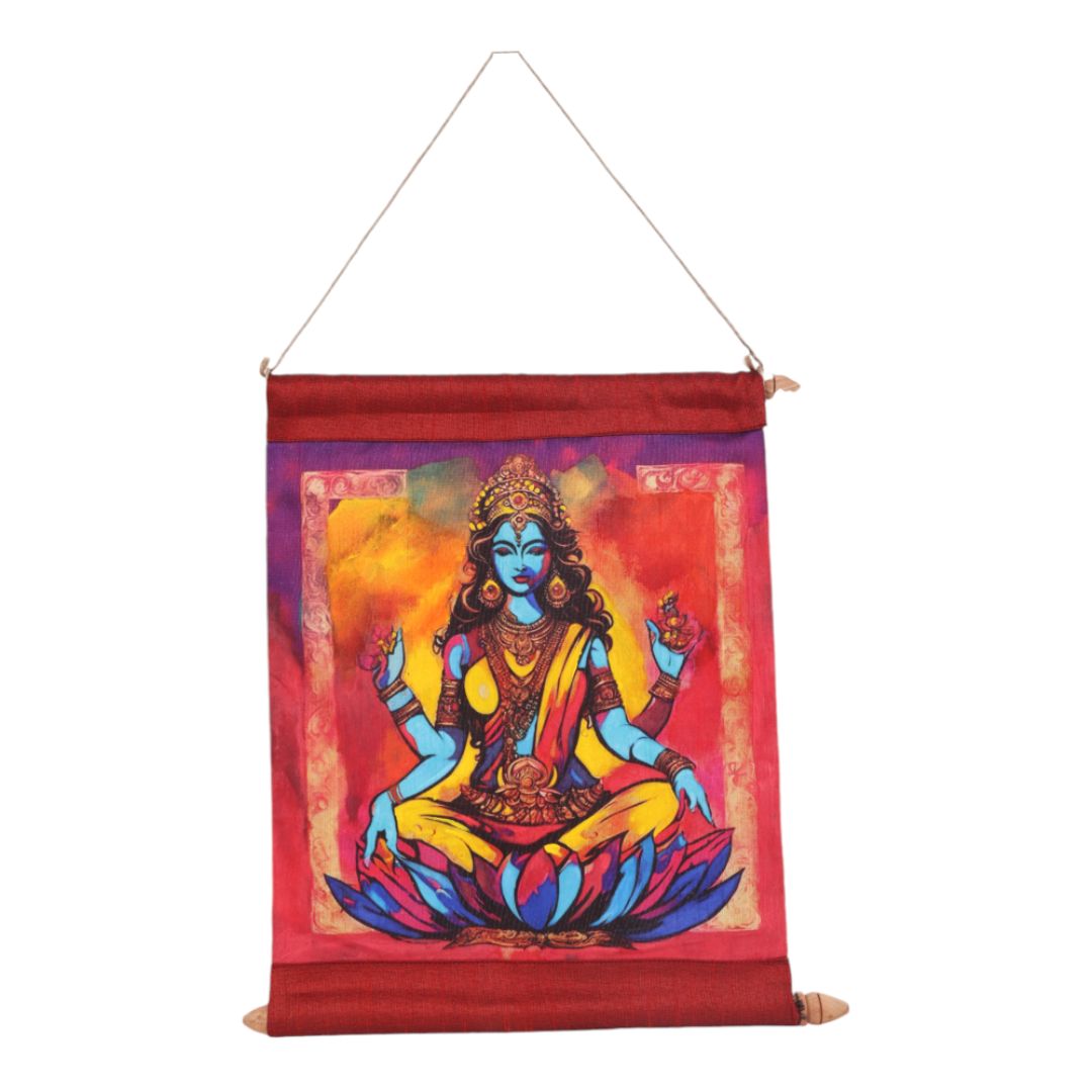 Indha Divine Blessings Mixed Media Art Scroll set of two on Silk – Handcrafted Print of Goddess Laxmi and Lord Ganesh, a Sacred Artwork for Prosperity, Spiritual Blessings, and Elegant Home Decor.