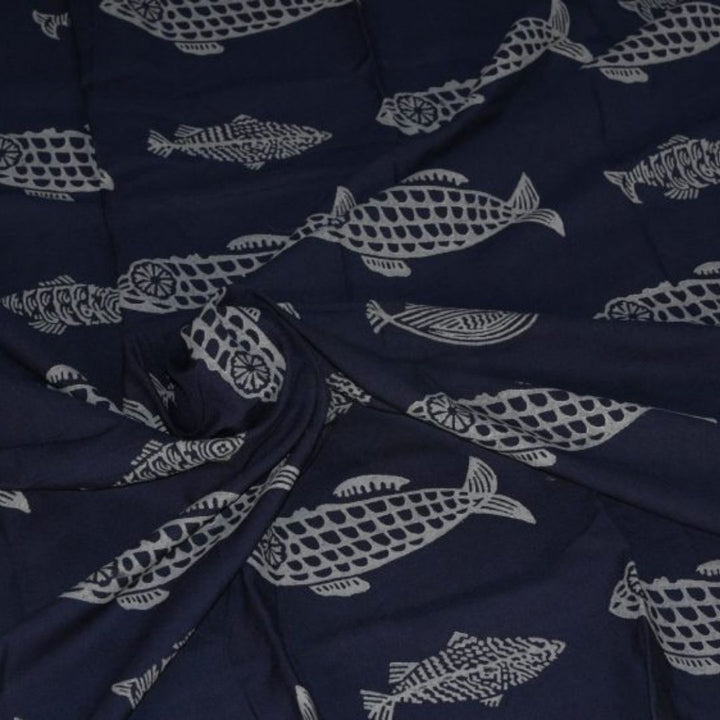 INDHA Hand Block-Printed Jaipuri Cotton Fabric Blue | Grey Fish Design Motif  Fabric | Hand Block Printed Fabric | Home Utility | Fashion Utility | Gifting | Gifts For Him | Gifts For Her | Home Furnishing | 3 Meter X 42-44 Wide