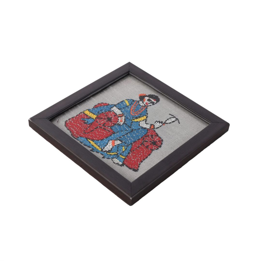 INDHA Coaster Set of 2 with Hand-embroidered Royal Meenakumari Motif | Wooden Glass | Exquisite Design | Gift Piece | Home Décor