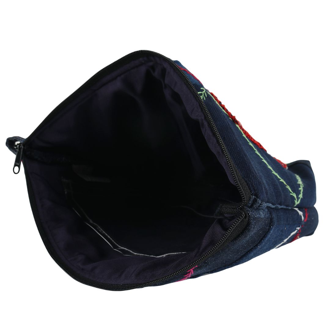 Blue Denim Patchwork with Red & White Auto Rickshaw Design Hand Embroidered Utility Pouch | Accessory | Travel Utility | Travel Pouch