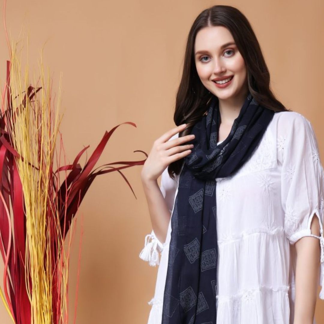 INDHA Block-Printed Cotton Stole Black | Hand Block Printed Grey Geometric Square Design Motif | Hand Block Printed Stole | Stoles For Women | Traditional Stoles | Gifting | Fashion Wear | Indo Western Stole | Fashion Accessory