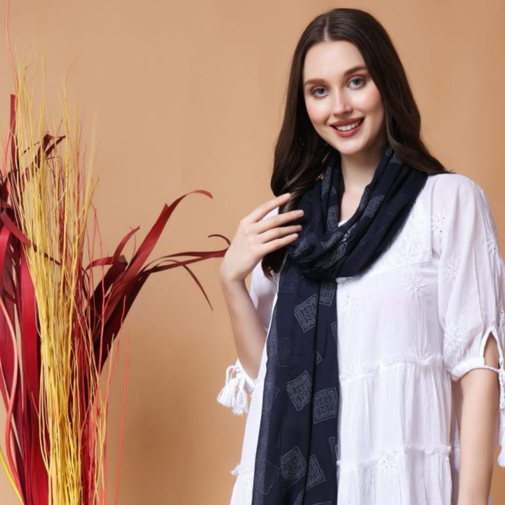 INDHA Block-Printed Cotton Stole Black | Hand Block Printed Grey Geometric Square Design Motif | Hand Block Printed Stole | Stoles For Women | Traditional Stoles | Gifting | Fashion Wear | Indo Western Stole | Fashion Accessory