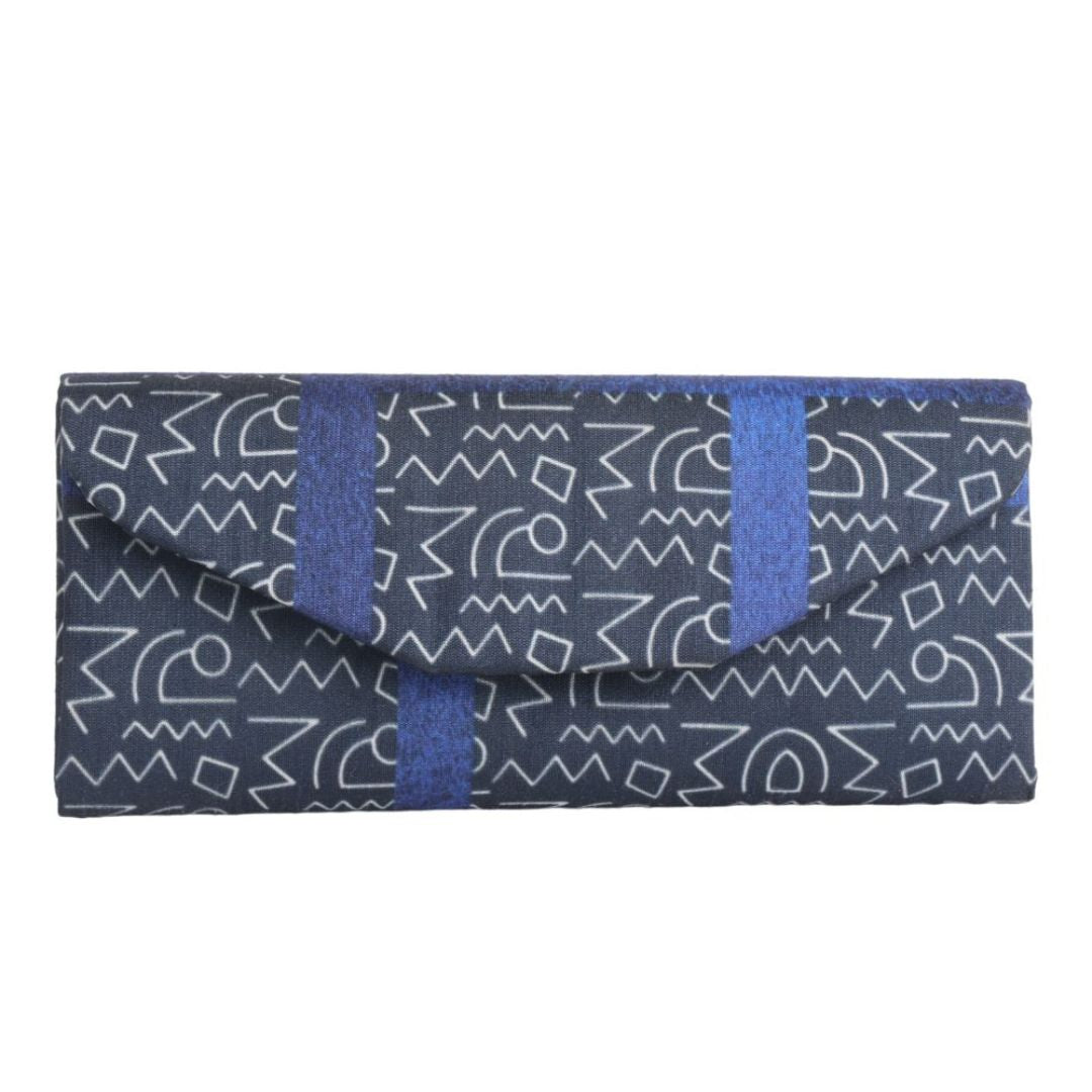 Indha Eyewear Case | Handcrafted Eyewear Case | Steel Grey Dupion Silk Eyewear Case | White And Blue Abstract Line Pattern Design Digitally Printed | Handmade Eyewear Case | Gifting | Travel Utility | Travel Accessory | Sunglasses Case |