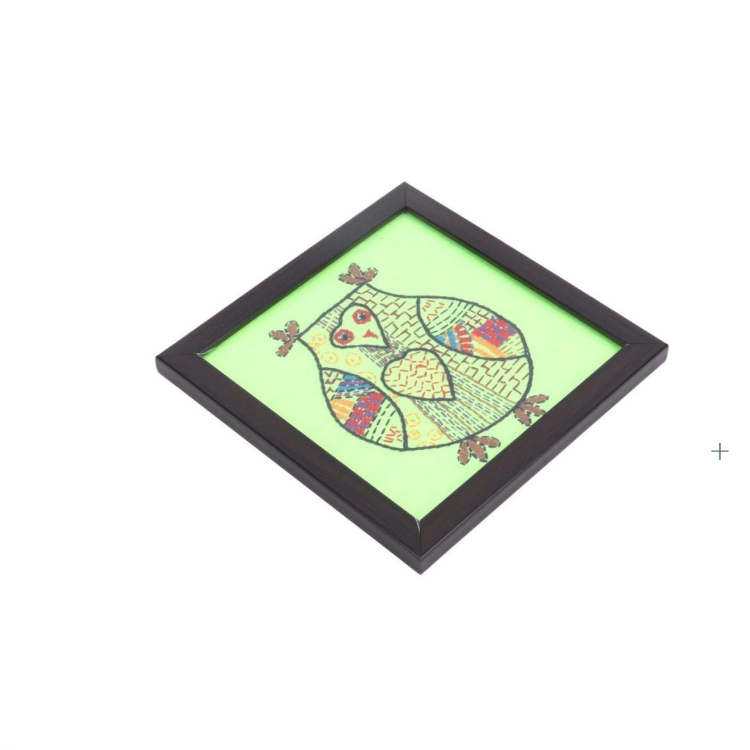 INDHA Neon Green Hand-Embroidered Wooden Glass Coaster for Home/Office Coffee Table set of 2