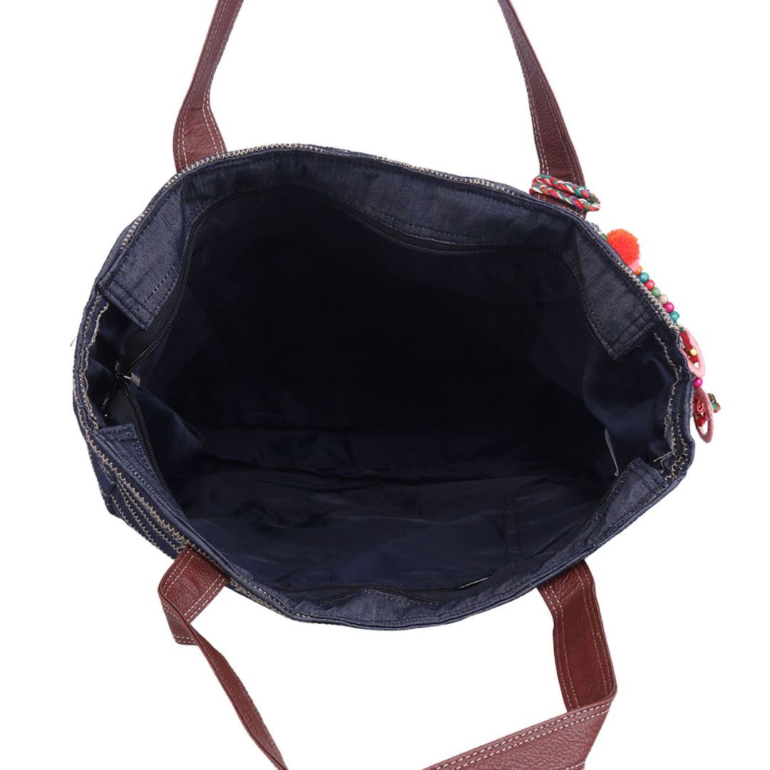 Tote Bag Denim Zig-Zag Leaf Embroidery