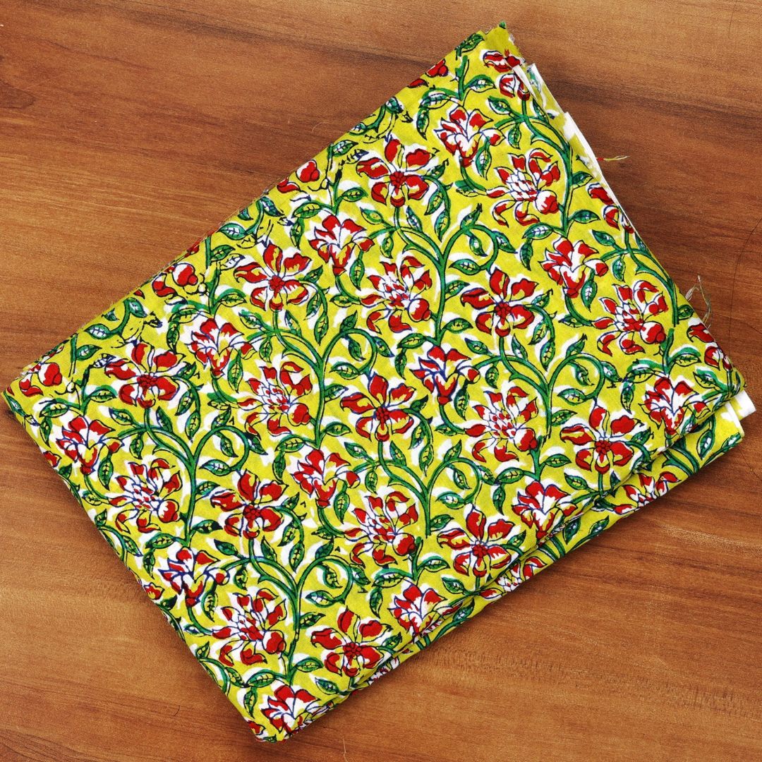 INDHA Hand Block-Printed Cotton Fabric | Red And White Floral Design Motif Lemon Green Cotton Fabric | Hand Block Printed Fabric | Home Utility | Fashion Utility | Gifting | Gifts For Him | Gifts For Her | Home Furnishing | Jaipuri Block Print Fabric