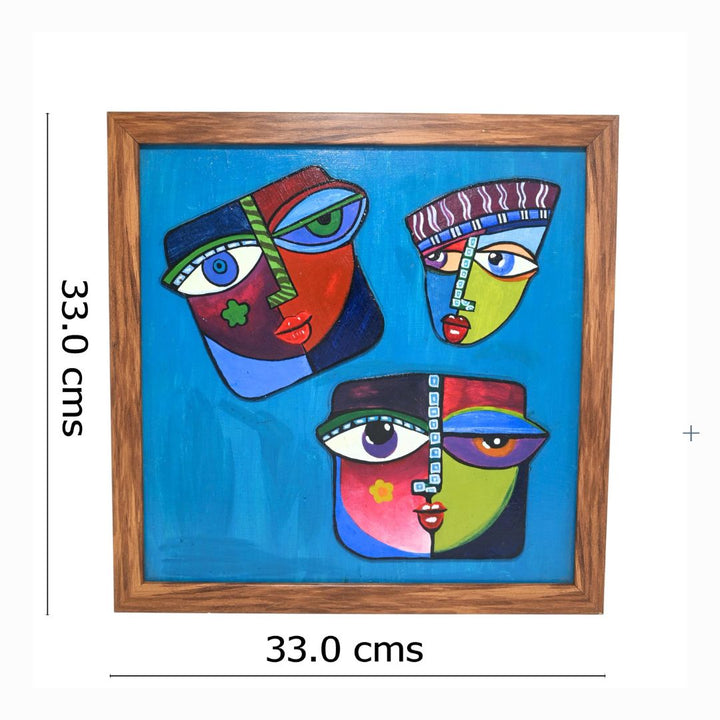 Indha Hand painted Abstract Faces Wall Art | Multicolour Décor with Repurposed Wood Frame &amp; Vegan Leather Back | Artistic Wall Accent Wood Applique