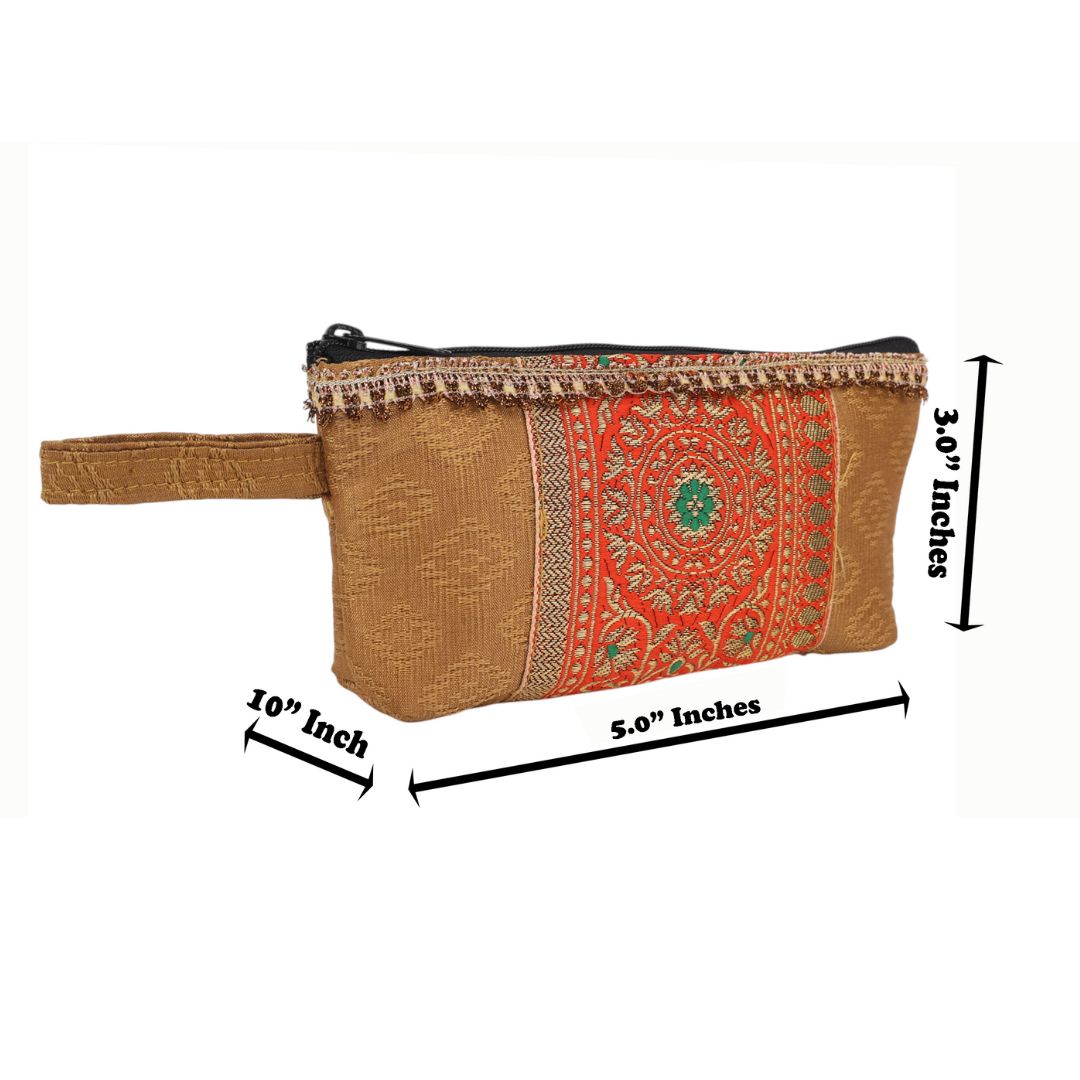 Indha Golden Brocade Utility Pouch with Embroidered Panel | Handcrafted Multipurpose Travel Organizer | Sustainable &amp; Stylish Gifting Idea