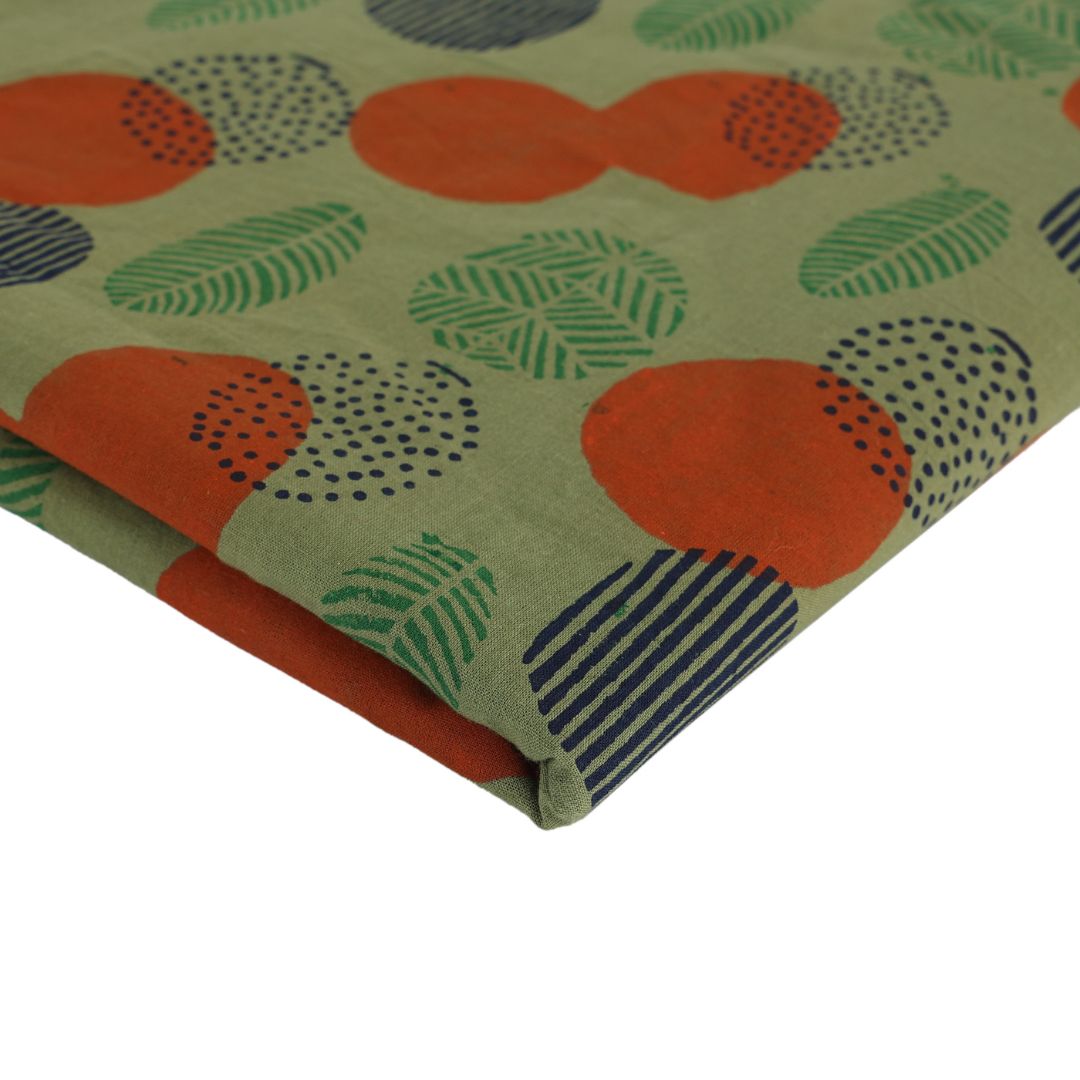 Abstract Art |Leaf Motif| Hand Block-Printed Green Cotton Fabric
