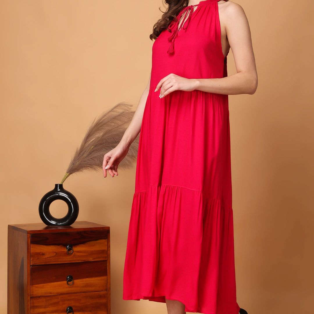 Indha Women Solid Flared Pink Dress  | Long Dress | Rayon Dress -XL