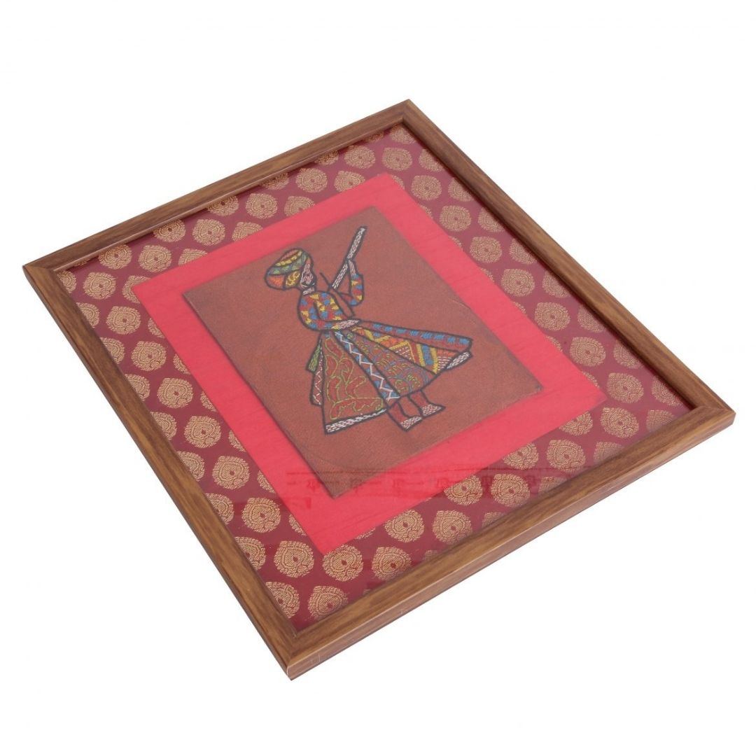 INDHA Wall Décor|Rajasthani Folk |Hand Embroidered|Silk Brocade and Wooden Frame