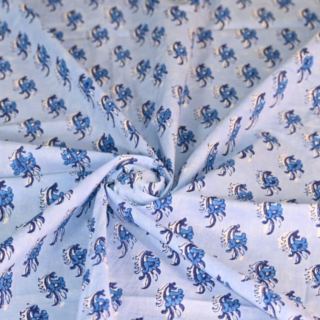 INDHA Hand Block-Printed Cotton Fabric | Blue And White Floral Design Motif Sky Blue Cotton Fabric | Hand Block Printed Fabric | Home Utility | Fashion Utility | Gifting | Gifts For Him | Gifts For Her | Home Furnishing | Jaipuri Block Print Fabric