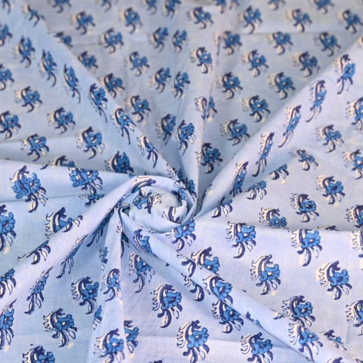INDHA Hand Block-Printed Cotton Fabric | Blue And White Floral Design Motif Sky Blue Cotton Fabric | Hand Block Printed Fabric | Home Utility | Fashion Utility | Gifting | Gifts For Him | Gifts For Her | Home Furnishing | Jaipuri Block Print Fabric
