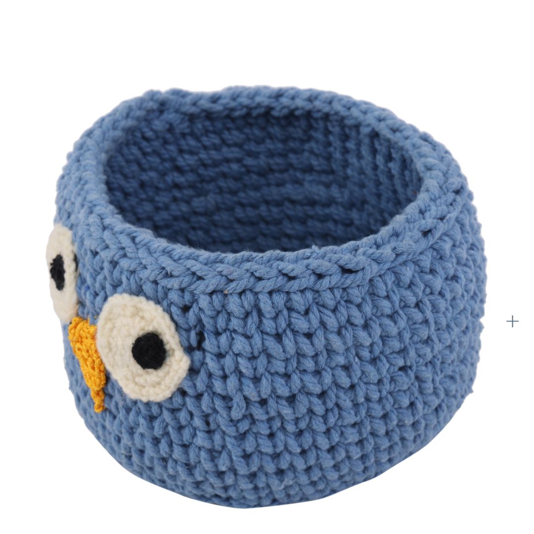 Indha Handcrafted Basket | Hand Knitted Basket | Cotton Rope Basket | Blue Cotton Basket | Owl Design Basket | Eco-Friendly | Storage Basket | Multi Purpose Basket |