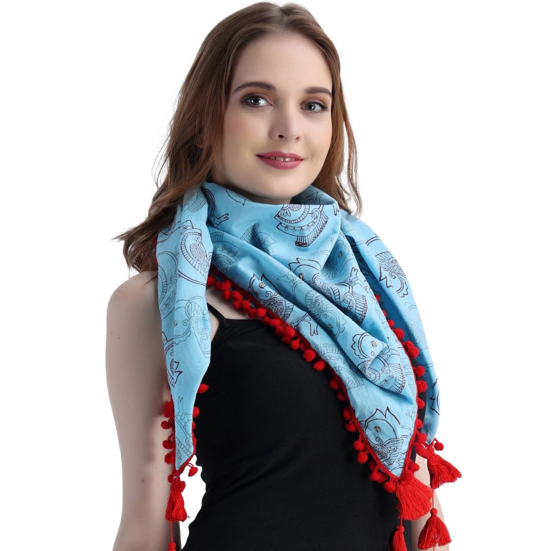 Birds Block-Printed Sky Blue Scarf for Girls & Woman