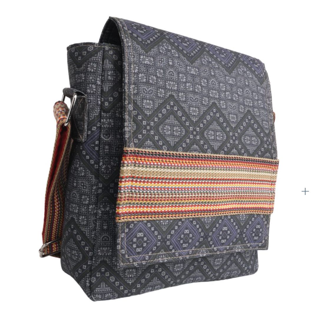 Indha Sling Bag | Handcrafted Sling Bag | Grey Cotton Canvas Sling Bag| Mild Blue Ethnic Geometric Pattern Design | Multicolor Cotton Niwar Strap |