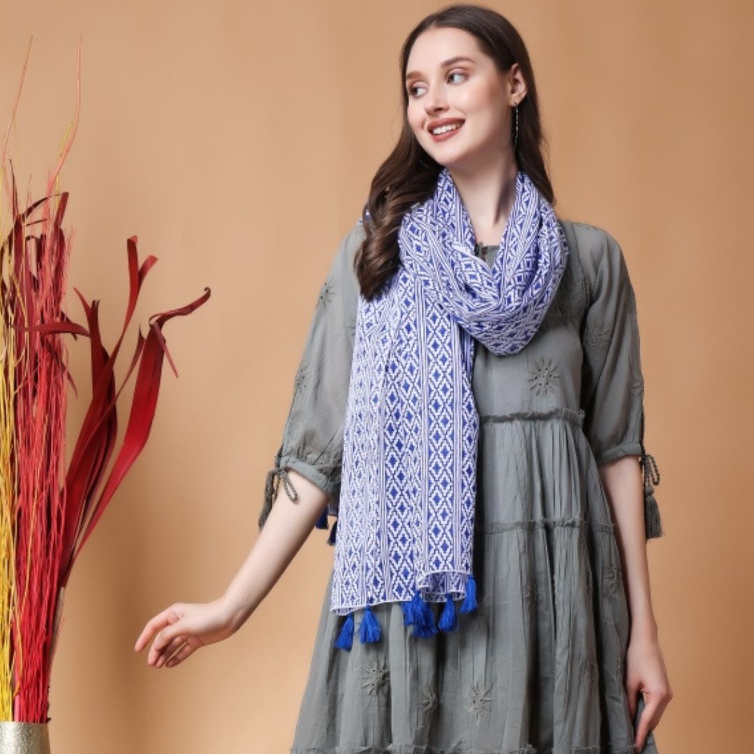 INDHA Stole | White Cotton Stole | Hand Block-Printed Blue Geometric Design Pattern | Hand Block Printed Stole | Stoles For Women | Traditional Stoles | Gifting | Fashion Wear | Indo Western Stole | Fashion Accessory