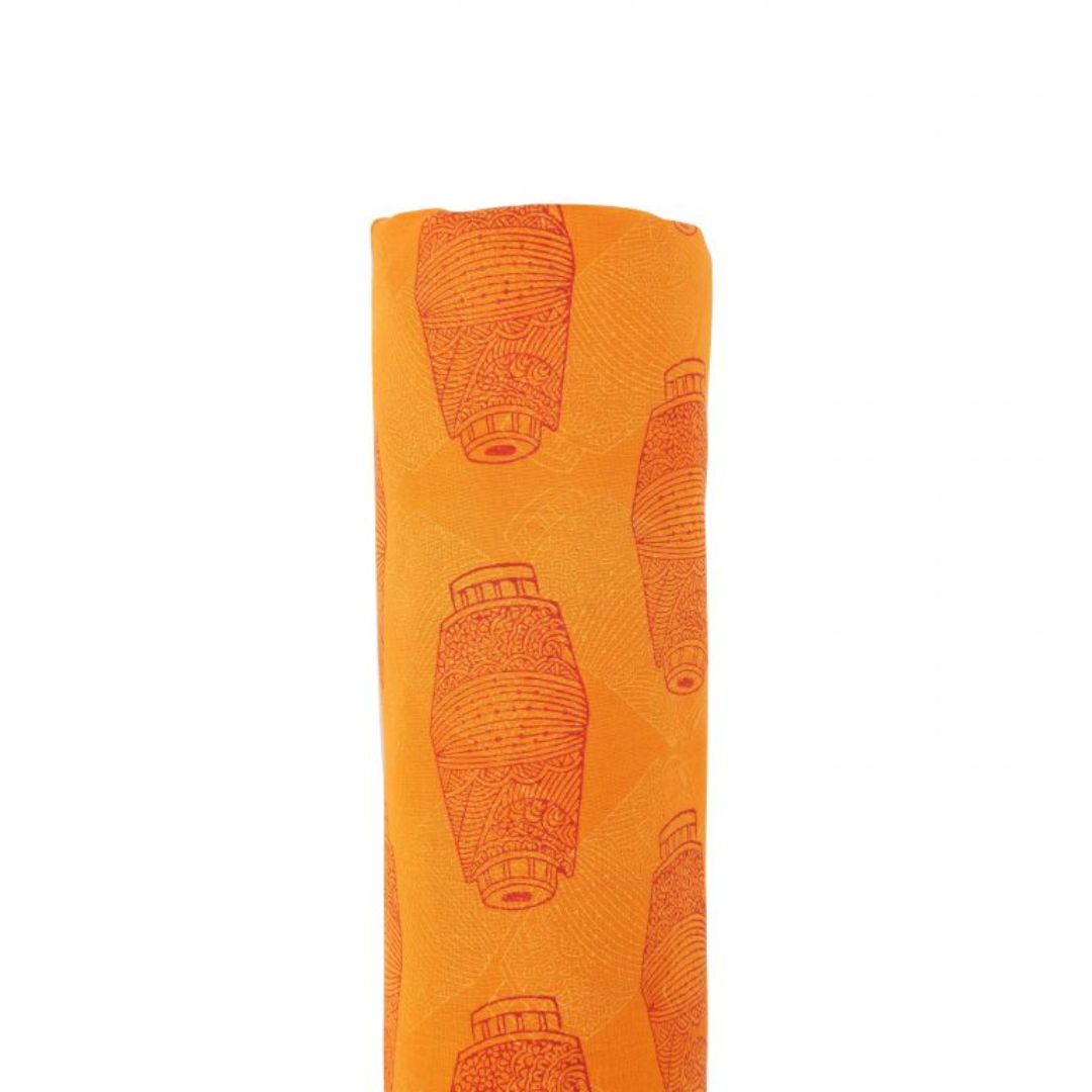 INDHA Yellow Fabric with Red and White Mridang Block Printed