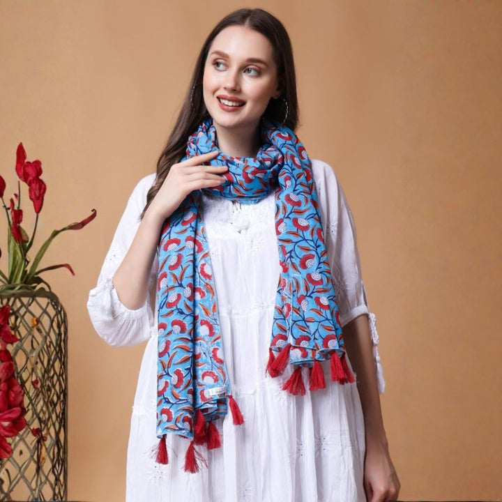 INDHA Stole | Sky Blue Cotton Stole | Hand Block Printed Red And White Flower Design Motif | Hand Block Printed Stole | Stoles For Women | Traditional Stoles | Gifting | Fashion Wear | Indo Western Stole | Fashion Accessory