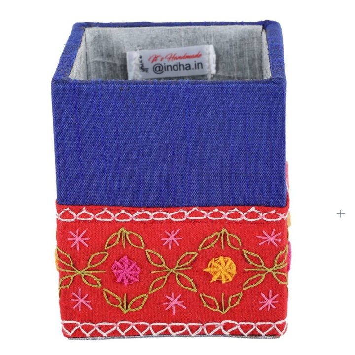 INDHA Chain Stitch Floral Design Pattern Hand Embroidered Blue &amp; Red Pen Stand | Dupion Silk Pen Stand | Cotton Pen Stand | Desk Organizer | Desk Utility | Corporate Gifting | Pen Holder | Handcrafted Pen Stand