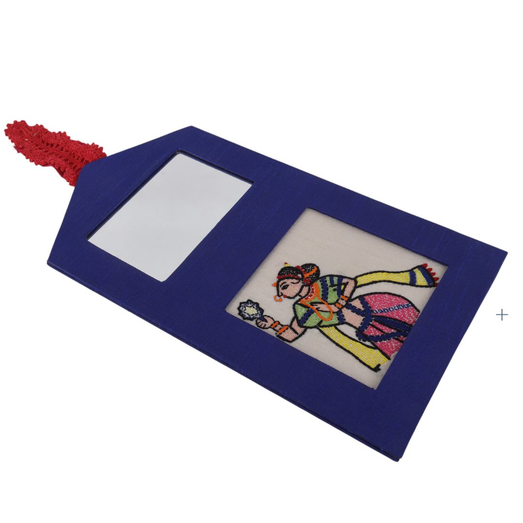 Indha Wall Hanging – Embroidered Lady Holding a Mirror | Real Mirror Accent | Handcrafted on Repurposed Wood | Reflective &amp; Regal Decor