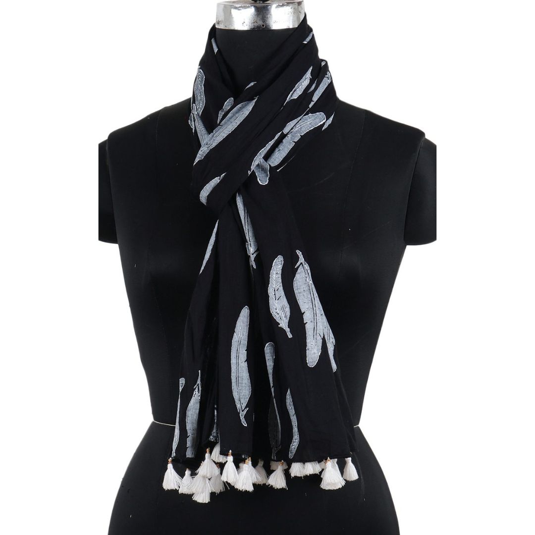 INDHA Ethnic Feather Design Hand Block Printed Black Color Cotton Stole for Girls/Women