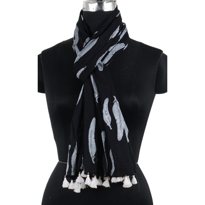 INDHA Ethnic Feather Design Hand Block Printed Black Color Cotton Stole for Girls/Women