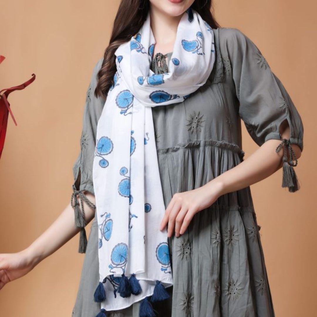INDHA Stole | White Cotton Stole | Hand Block Printed Blue Cycle Design Motif | Hand Block Printed Stole | Stoles For Women | Traditional Stoles | Gifting | Fashion Wear | Indo Western Stole | Fashion Accessory
