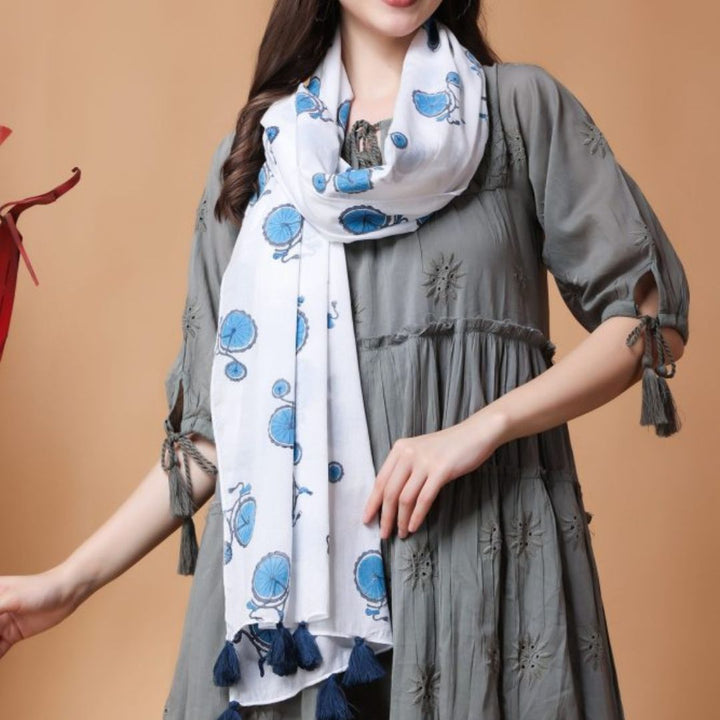 INDHA Stole | White Cotton Stole | Hand Block Printed Blue Cycle Design Motif | Hand Block Printed Stole | Stoles For Women | Traditional Stoles | Gifting | Fashion Wear | Indo Western Stole | Fashion Accessory