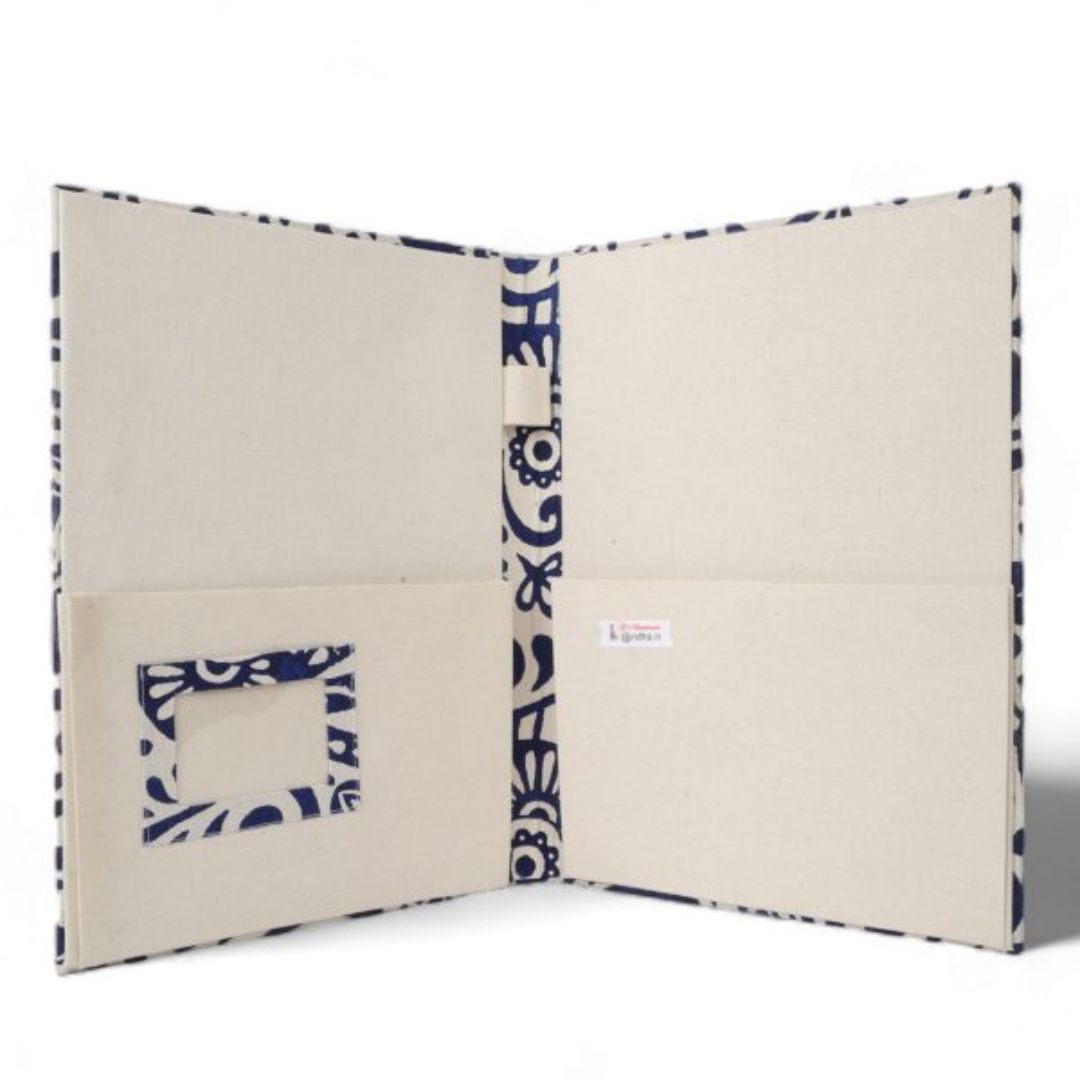 Indha Abstract Block-print File Folder | Handcraft Document Folder | Dusk Blue and Ivory File Folder| Block Printed  Ethnic Abstract Design | Cotton File Folder | Sustainable Office Supplies