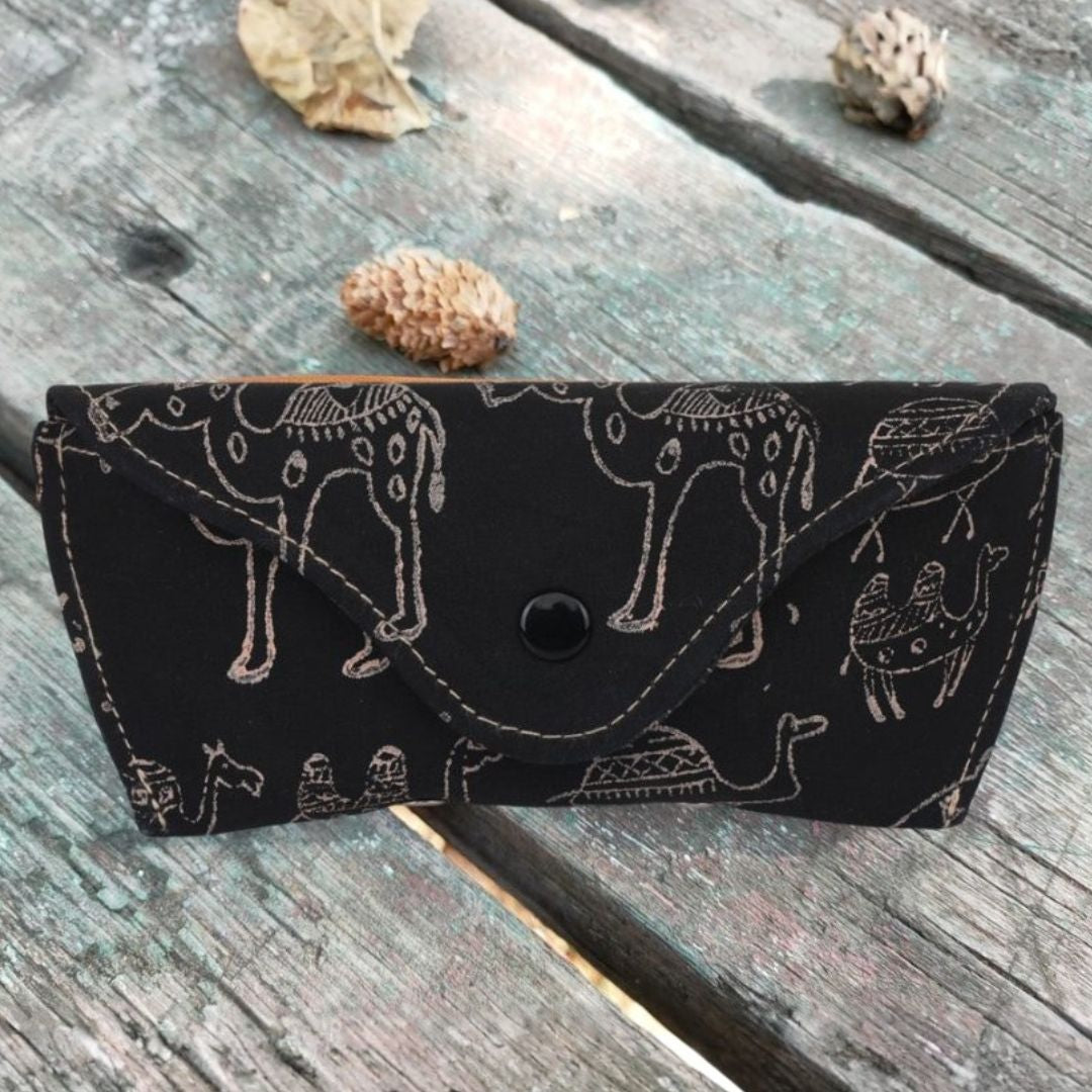 Indha Black Denim Block Printed Eyewear Case| Handmade Eyewear Case | Corporate Gifting | Travel Utility | Travel Accessory | Sunglasses Case | Spectacles Case | Eyewear Accessory