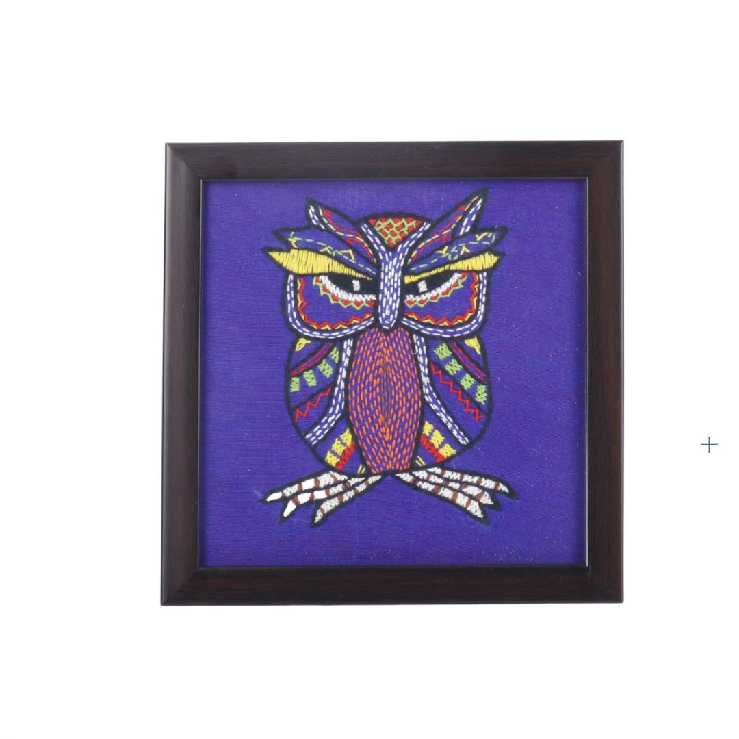 INDHA Violet Color Tribal Hand Embroidered Square Wood, Glass Coaster for Tea Table set of 2