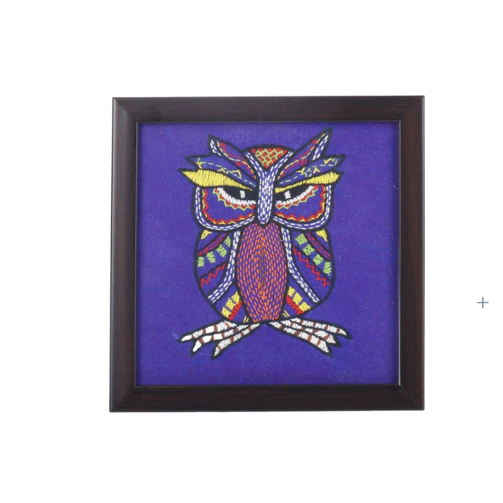 INDHA Violet Color Tribal Hand Embroidered Square Wood, Glass Coaster for Tea Table set of 2