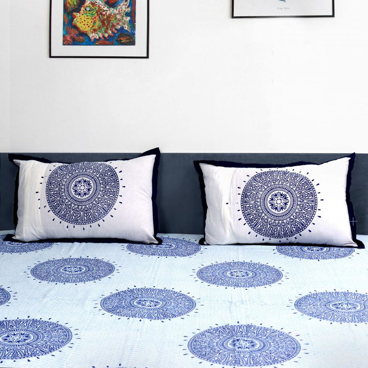 Indha Hand Block Printed Cotton Bed Cover With 2 Pillow Covers | Handmade Bed Sheet | White Bed Cover| 104X84 Inches Bed Cover  | Bed Cover Set | King Size Bed Cover