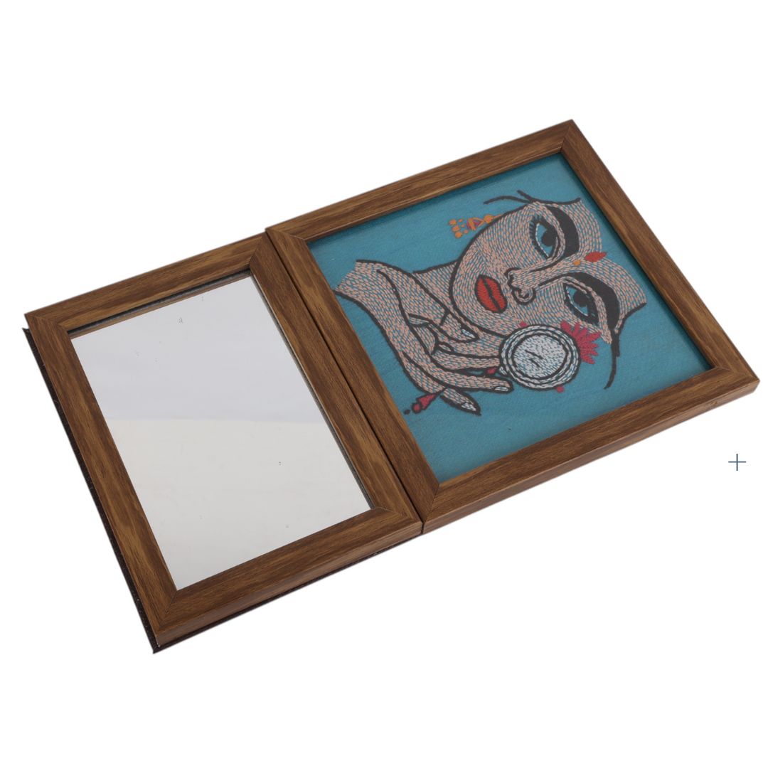 Indha Lady Face Embroidered Wall Art with Mirror | Handcrafted in Repurposed Wood | Exquisite Needlework | Sustainable Home Accent | Unique Gift for Her