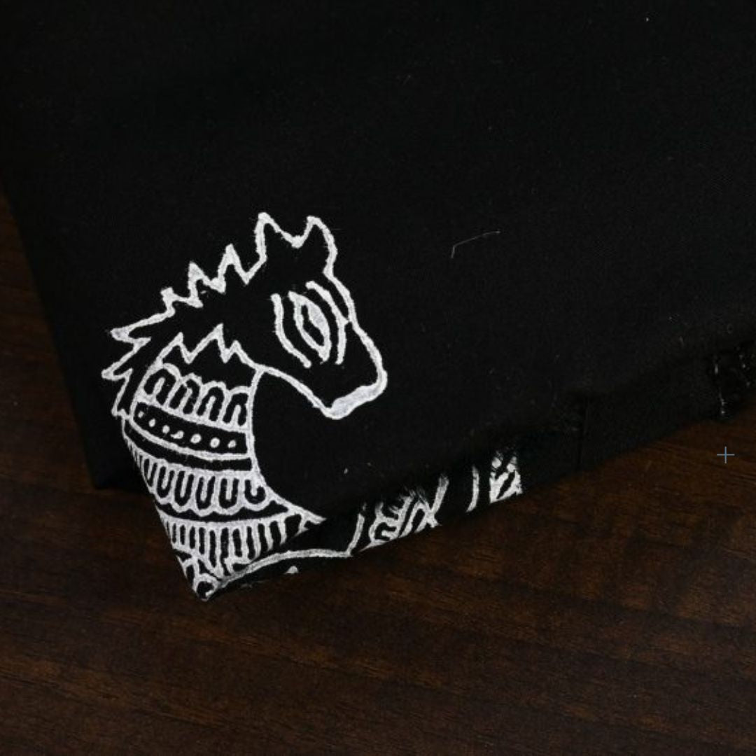 INDHA Hand Block-Printed Jaipuri Cotton Fabric Black Horse Design Motif | Hand Block Printed Fabric | Home Utility | Fashion Utility | Gifting | Gifts For Him | Gifts For Her | Home Furnishing | 3 Meter X 42-44 Wide