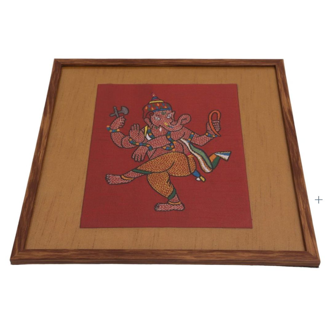 Indha Hand-Embroidered Lord Ganesha Embroidery Wall Art Décor | Sacred Splendor | Unique Gift | Dupion Silk | Eco-Friendly | Indian Art | 39x39 CM | Home &amp; Office Decor
