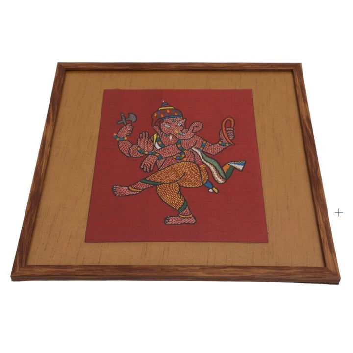 Indha Hand-Embroidered Lord Ganesha Embroidery Wall Art Décor | Sacred Splendor | Unique Gift | Dupion Silk | Eco-Friendly | Indian Art | 39x39 CM | Home &amp; Office Decor