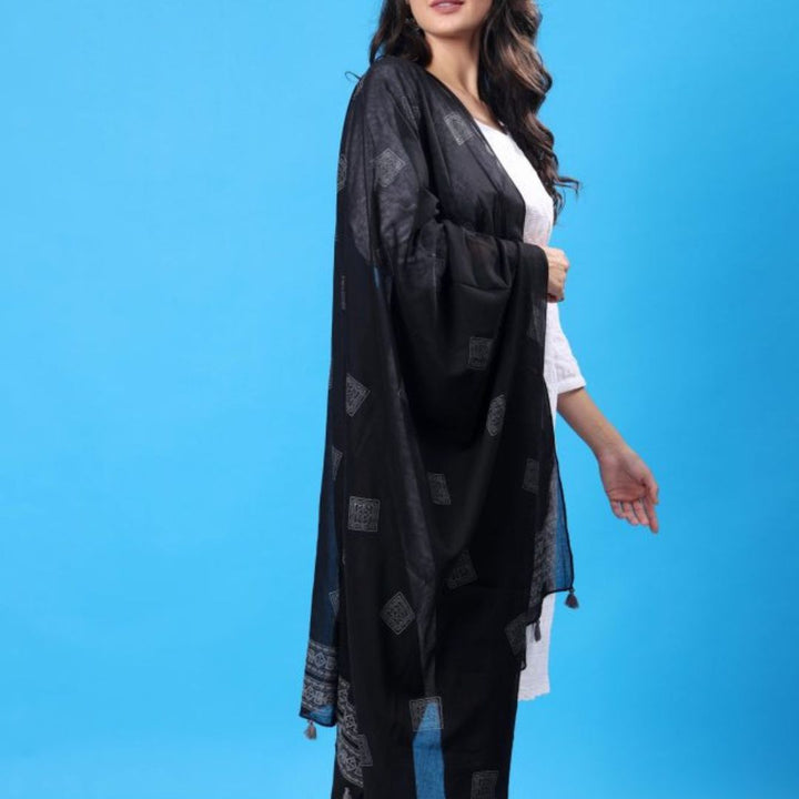 INDHA Stole | Black Cotton Stole | Hand Block Printed White Geometric Design Pattern | Hand Block Printed Stole | Stoles For Women | Ethnic Stoles | Gifting | Fashion Wear | Indo Western Stole | Fashion Accessory | Light Weight Voil Fabric