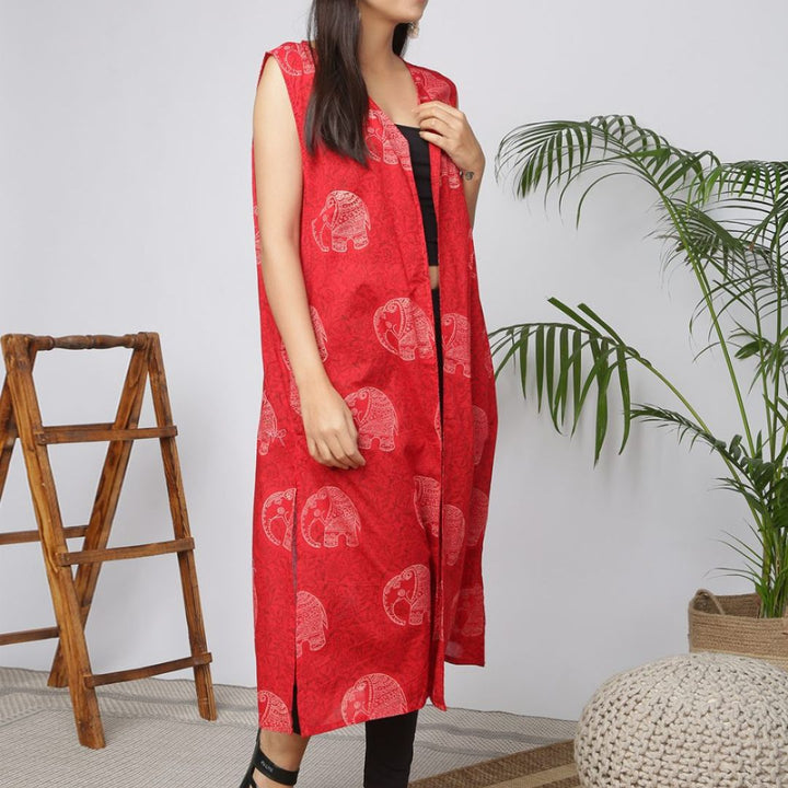 Indha Elephant Design Block Printed Red Shrug