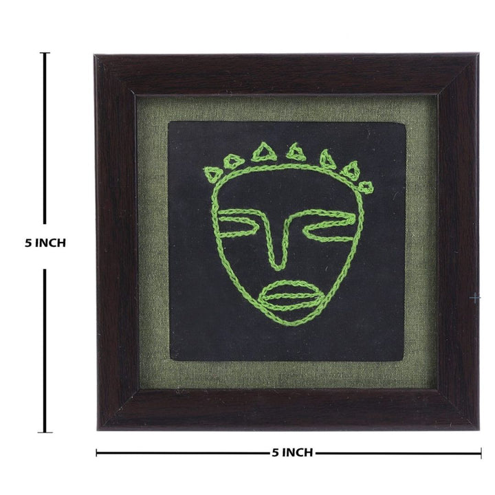 INDHA Glass Coasters With Embroidered Tribal face In Wooden Frame | Set of 2