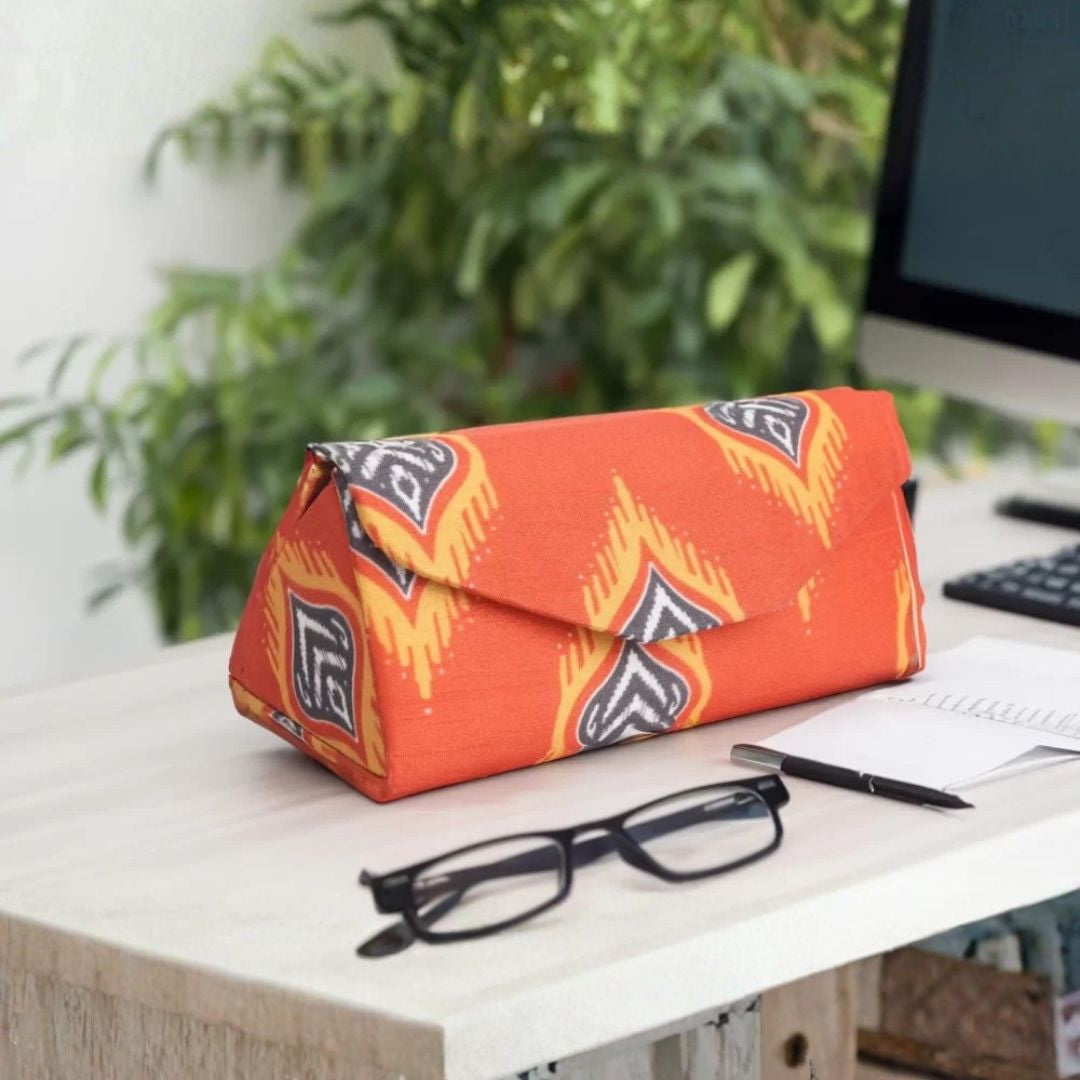 INDHA Eyewear Case | Handcrafted Eyewear Case | Orange Dupion Eyewear Case | Blue and Yellow Flame Design Motif Digitally Printed |