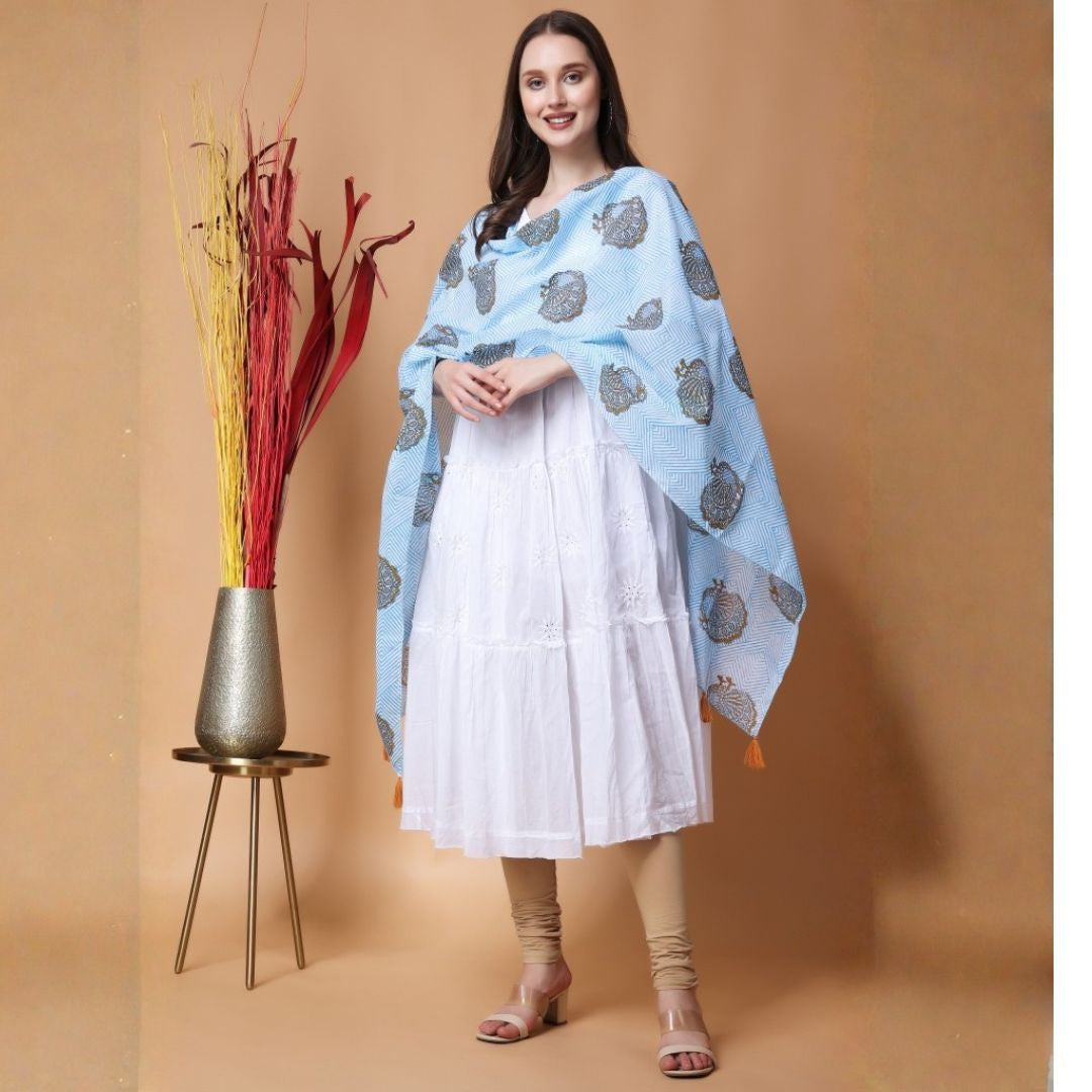 INDHA Stole | White Cotton Stole | Hand Block Printed Blue Geometric Design Pattern And Brown Peacock Design Motif | Hand Block Printed Stole | Stoles For Women | Ethnic Stoles | Gifting | Fashion Wear | Indo Western Stole | Fashion Accessory