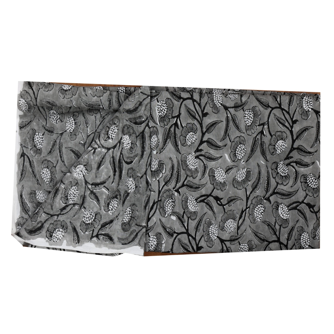 INDHA Hand Block-Printed Cotton Fabric | Black And White Flower Design Motif Grey Cotton Fabric | Hand Block Printed Fabric | Fashion Utility | Gifting | Gifts For Him | Gifts For Her | Home Furnishing | Jaipuri Block Print Fabric