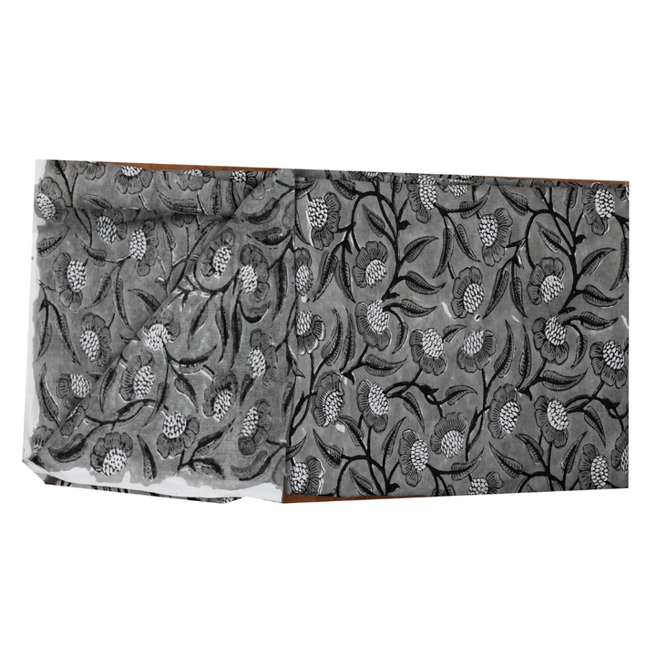 INDHA Hand Block-Printed Cotton Fabric | Black And White Flower Design Motif Grey Cotton Fabric | Hand Block Printed Fabric | Fashion Utility | Gifting | Gifts For Him | Gifts For Her | Home Furnishing | Jaipuri Block Print Fabric