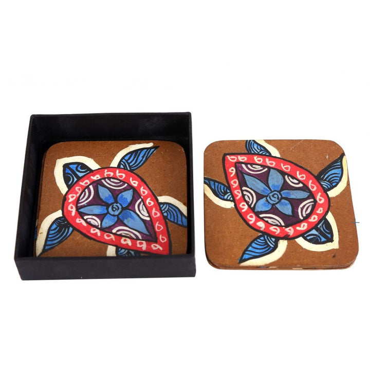 INDHA Hand-Painted Turtle Recycled Wooden Coasters Pack of Six |Good Luck Charm for homes Tribal Craft Living Room Décor|Vastu gift