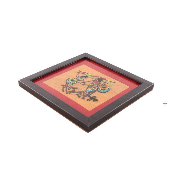 INDHA Table Top Wooden Tribal Art Hand-Embroidered Motif Glass Coaster Set of 2